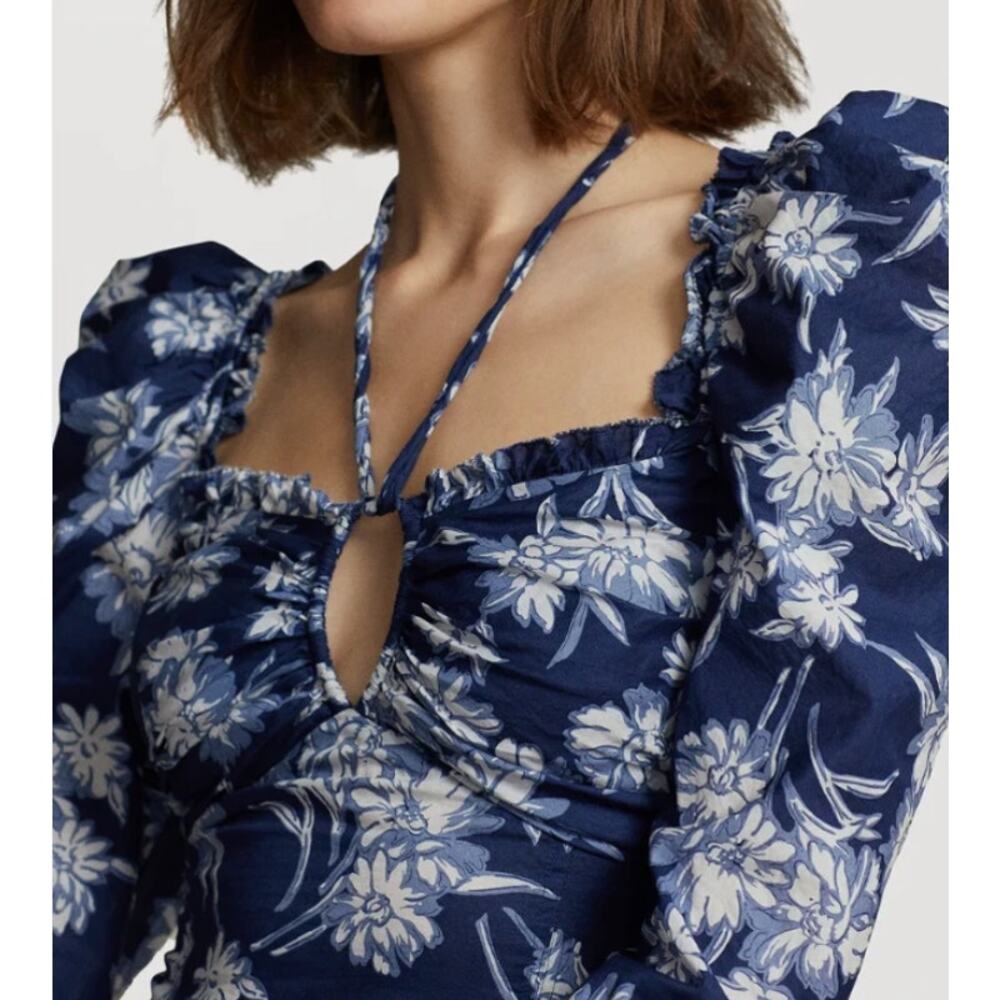 Polo Ralph Lauren Bloom Gathered Midi Dress Blue White Floral - NO TAGS ~ Large - Picture 2 of 12